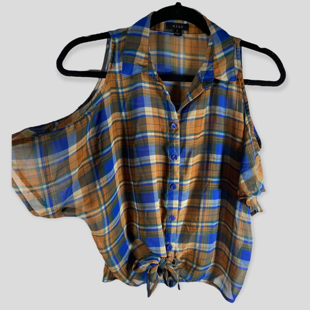 Mine Plaid Orange and Blue Open Shoulder Blouse